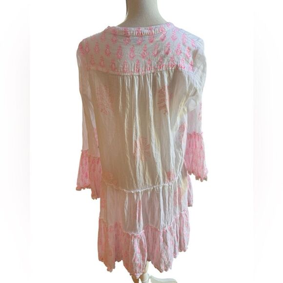 Juliet Dunn Tiered White Floral Bell Sleeve cotton Voile Mini Dress 1 - Picture 2 of 5